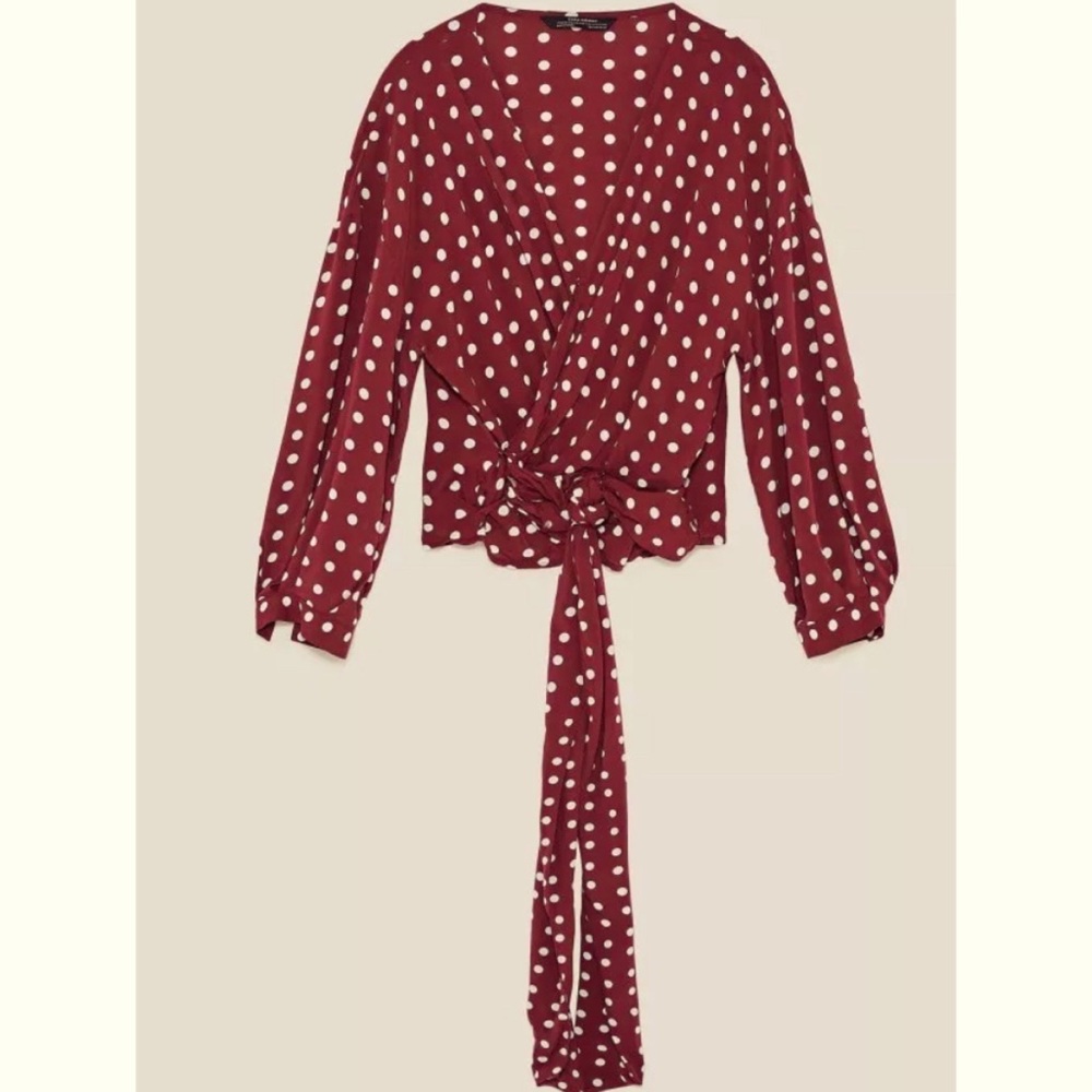 Zara Red Polka Dot Wrap Blouse with White Dots